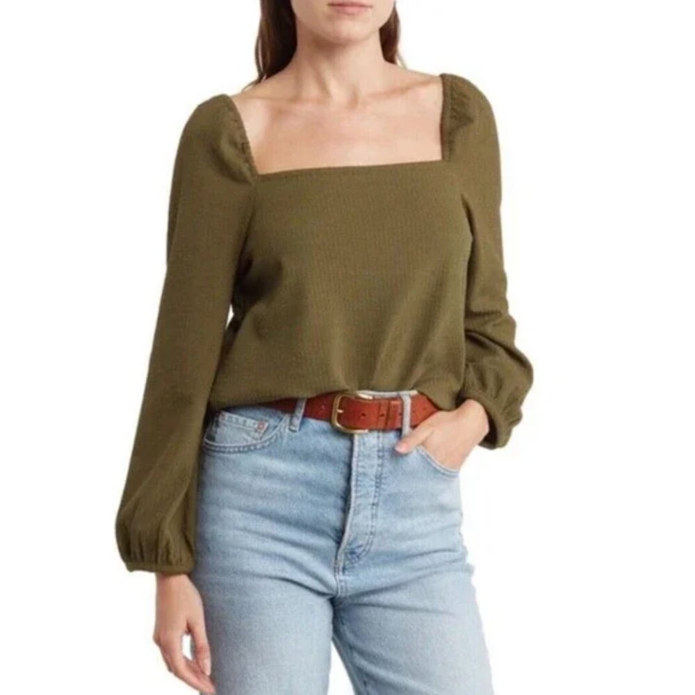 MADEWELL Crepe Square-Neck Puff-Sleeve Top in Kale Green size	L